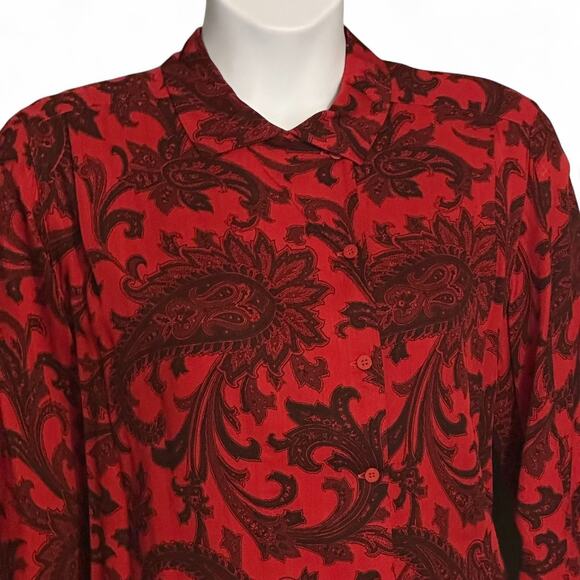 Vintage 90s Rena Rowan for Saville Blouse Size 12 Red Black Paisley Office Chic - Picture 5 of 9